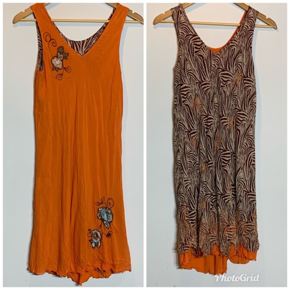EUC‎ Lightweight Reversible Animal Print and Orange Embroidered Slip Dress